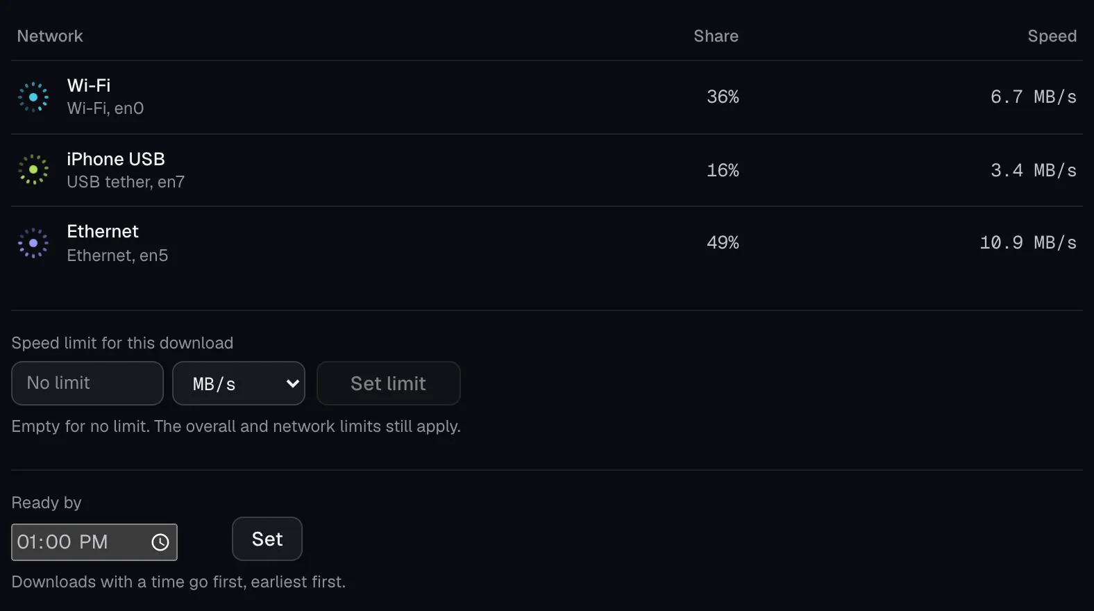 A download in Fuselane with each network’s share and speed, a speed limit for this download, and a Ready by time.